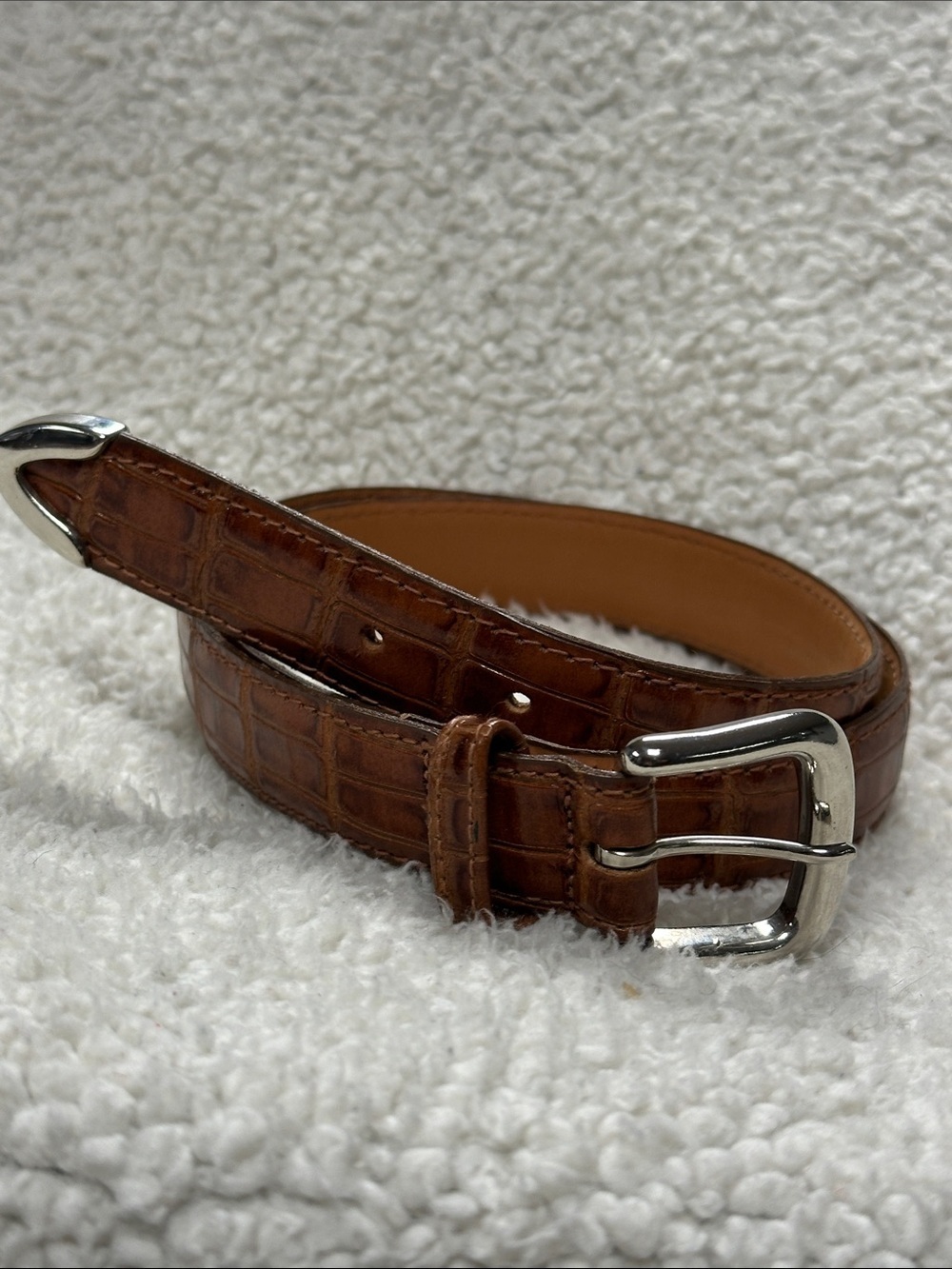 Carmel Brown Croc print Top Grain Cowhide leather belt, Silver buckle & tip EUC!